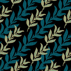 Contrast seamless pattern with blue and grey leaf branches silhouettes. Black background.