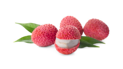 Fresh ripe lychees with green leaves on white background
