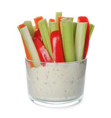 Celery and other vegetable sticks with dip sauce in glass bowl isolated on white