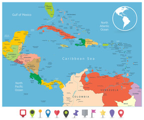 Political Map of the Caribbean and flat icons