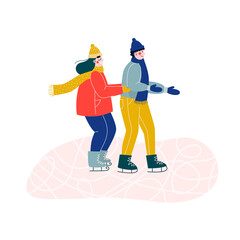 Obraz premium Young couple of woman and man ice skating together on ice rink, holding hands. Flat vector illustration. 