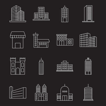 city urban buildings icon set, line style