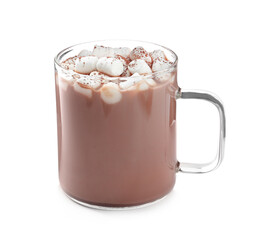 Hot drink with marshmallows in glass cup isolated on white