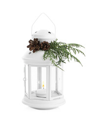 Decorative Christmas lantern with candle isolated on white