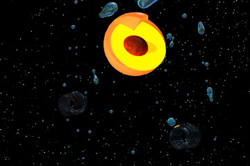 Drops of water and ice cubes floating in sidereal space next to a 3D Peach