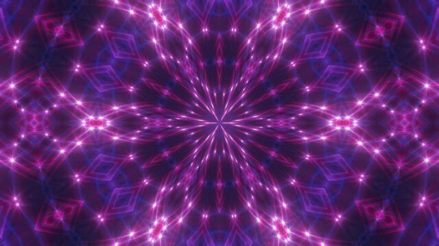 Cosmic chaos trippy animated background. Symmetric kaleidoscope backdrop from hypnotic laser rays. VJ style Flowing ornament footage. Seamless loop