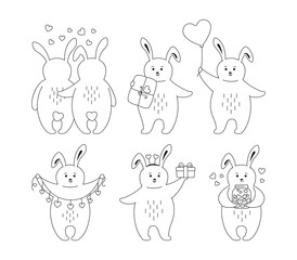 Valentines Day rabbit black outline set. Cartoon character animal for greeting card with animal rabbit hug and love. Draw doodle romantic cute rabbits. Vector illustration about love, hearts