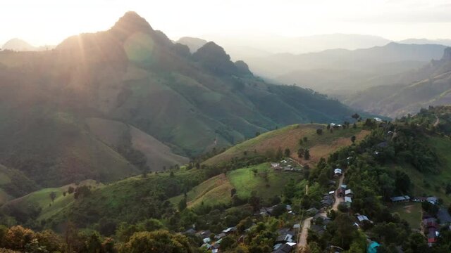 Aerial view of mountain range in Ban Huay hea village in Pang ma pha district in Mae Hong Son, Northern Thailand