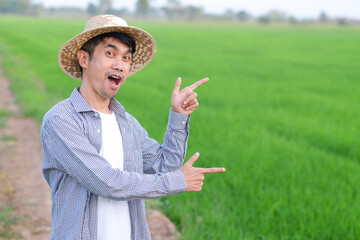 Asian farmer man pose surprise with wow shock face at a green rice farm