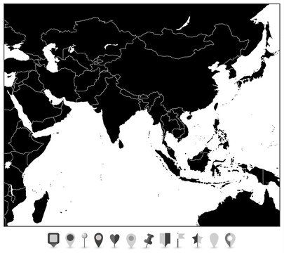 South Asia Map Black Color and Flat Map Pointers