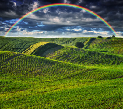 Scenic view of rainbow over green field © sergnester