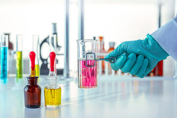Hand in glove holding a clip with a test tube