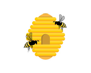 Beehive with flying bee vector illustration logo