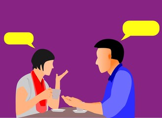 Man and Woman are Dating, Discussing, Working or Studying. Vector Illustration