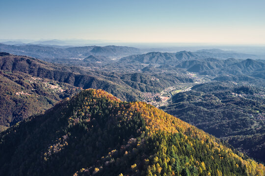 Aerial view of many colorful trees on the hills in Trivero, Piedmont, Italy.