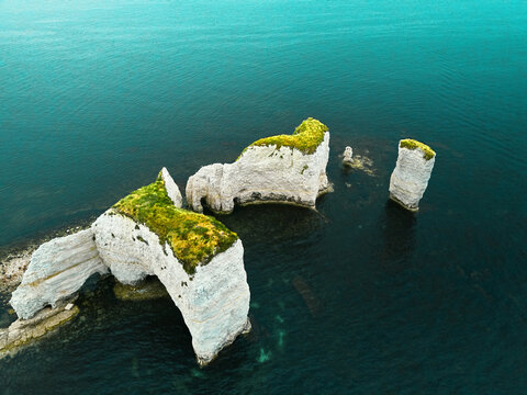 Aerial view of the iconic Old Harry Rocks in Studland, Dorset, United Kingdom.