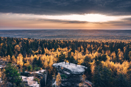 Aerial view of people on the top of stone in the forest, Usva, Perm Krai, Russia