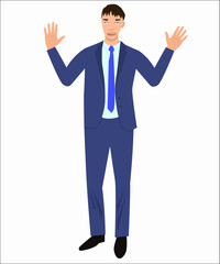 An irritated and angry businessman with open arms.