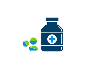 Medicine bottle with pills and healthy symbol