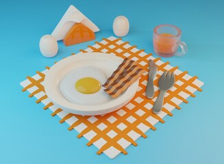 cartoon style food illustration. Breakfast items: scrambled eggs with bacon on the plate, salt and pepper shakers, glass mug with orange juice, napkin holder, fork with knife on tablecloth. 3d render. - 405006938