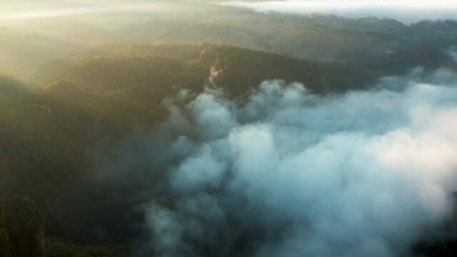 Aerial view of beautiful morning mist mountain in Bang Cha Po or Ban Ja Bo village in Pang ma pha district in Mae Hong Son, Thailand