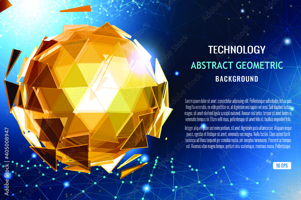 Poster 3d crystal polygonal abstract triangular sphere combine on technology background. low polygonal desi