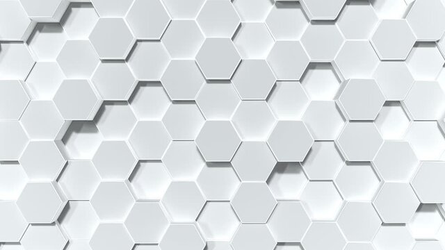 White hexagon honeycomb shape moving up down randomly. Abstract modern design background concept. 4K footage motion graphic design video illustration rendering. Seamless looping