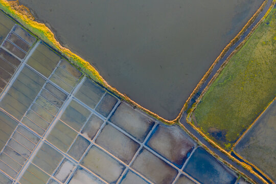 Aerial view of salt evaporation ponds in Aveiro, Portugal