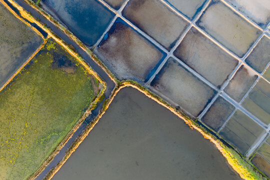 Aerial view of salt evaporation ponds in Aveiro, Portugal