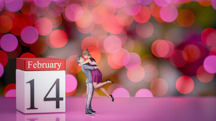 3D couple illustration with wooden calendar. 14 february. Valentine's Day. and bokeh background.
