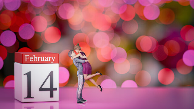 3D couple illustration with wooden calendar. 14 february. Valentine's Day. and bokeh background.