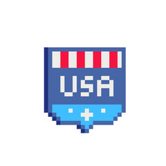 Badge emblem with USA pixel art icon. Design for sticker, mobile app, web site, social media and logo. Game assets 8-bit sprite. Isolated abstract vector illustration.