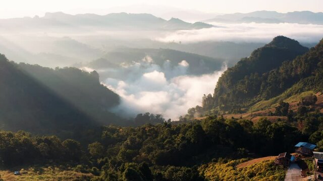 Aerial view of beautiful morning mist mountain in Bang Cha Po or Ban Ja Bo village in Pang ma pha district in Mae Hong Son, Thailand