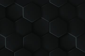 3D Black hexagons background. Futuristic technology concept. 3D Vector Technological Hexagonal Blocks Dark Gray Abstract Background. 3D Vector Dark Background.3D Vector illustration
