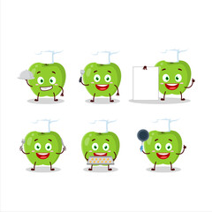 Cartoon character of new green apple with various chef emoticons