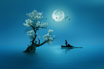 fishing under moonlight - obrazy, fototapety, plakaty