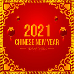 2021 chinese new year, year of the ox with lantern and ornament background