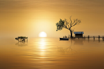 little house in sunset on the beach