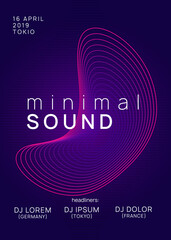 Music fest. Dynamic gradient shape and line. Energy discotheque magazine design. Music fest neon flyer. Electro dance. Electronic trance sound. Techno dj party. Club event poster.