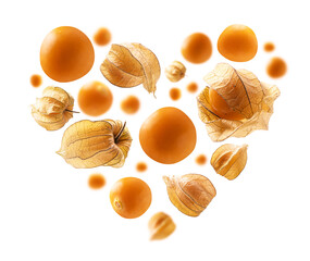 Physalis berries in the shape of a heart on a white background
