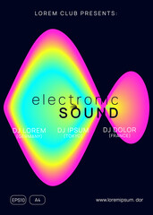 Summer music. Feminine electro event magazine layout. Electronic sound. Night dance lifestyle holiday. Fluid holographic gradient shape and line. Fest poster and flyer for summer music.