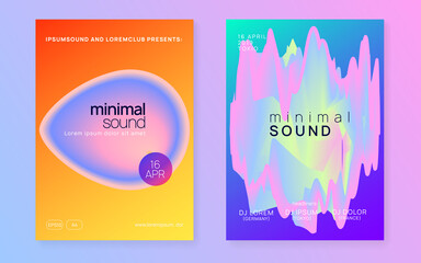 Summer music set. Electronic sound. Night dance lifestyle holiday. Fluid holographic gradient shape and line. Geometric techno concert presentation design. Fest poster and flyer for summer music.