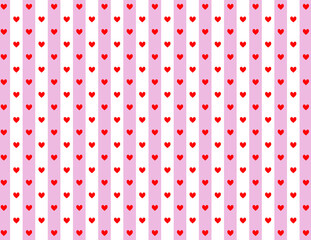 ピンクと白のストライプに赤いハート模様の壁紙