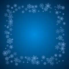 New Year snowflakes on blue background with sparkles. Winter theme. Christmas and New Year snowflakes falling. For season sales, special offer, banners, cards, party invites, flyer. White frosty snow