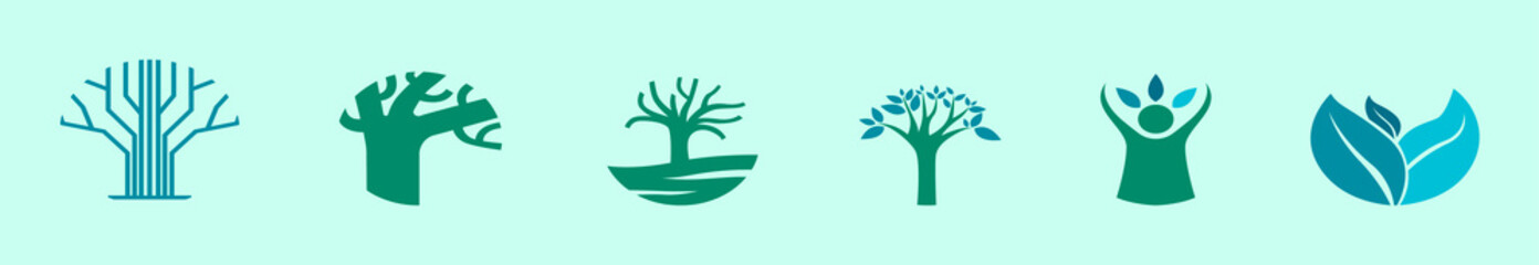 set of tree logo cartoon icon design template with various models. vector illustration isolated on blue background