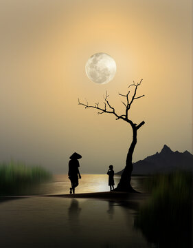 silhouette of a child , a father and the moon