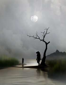 silhouette of a child and father on a dream land