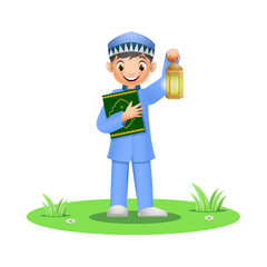 Happy muslim boy holding quran book with ramadan lantern