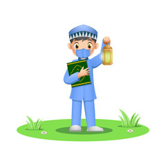 Muslim boy in face mask holding quran book with ramadan lantern