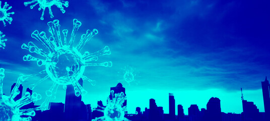Image COVID19 Coronavirus with cityscape background.Banner background for text news update cases.Social distancing, New normal, Infection healthcare medical.Business mortgage, home, real estate. © MIA Studio